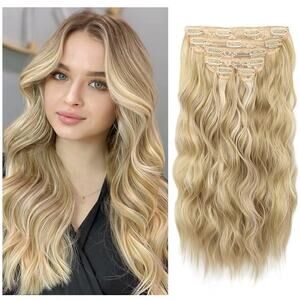 New 6 pc Clip in Synthetic Hair Extensions 20 Inch Dark Golden Beige Blonde